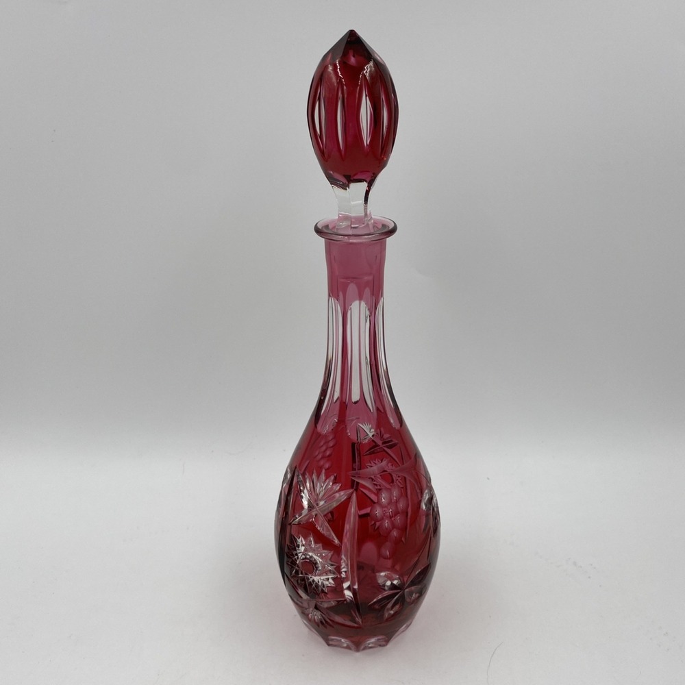Bohemian Cranberry Cut to Clear‎ Crystal Decanter Grape Starburst Ruby Red Glass
